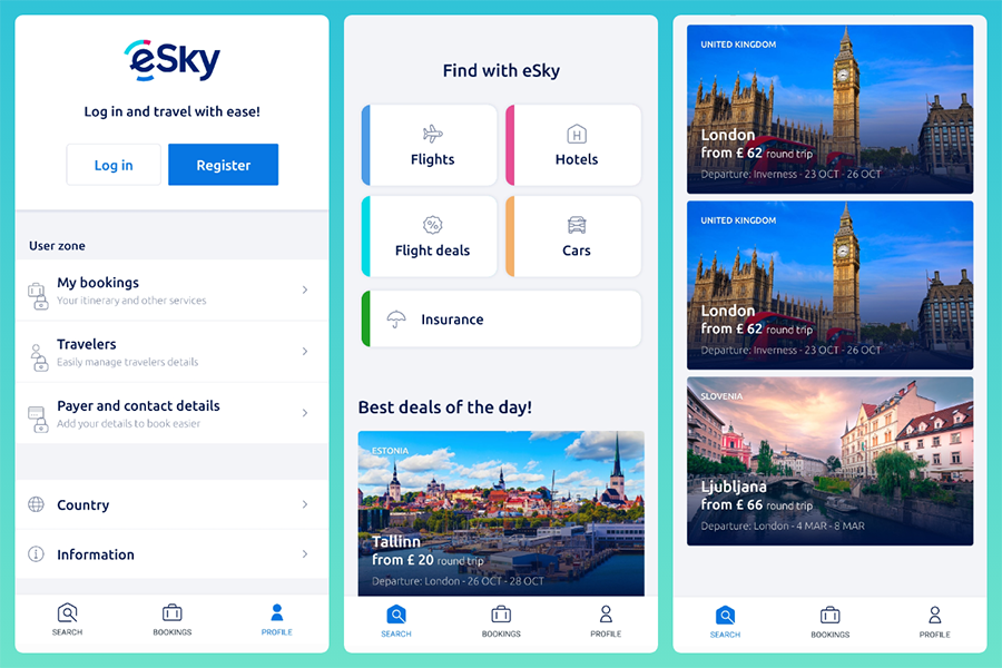 Infographic and UX of different screengrabs from the eSky app.